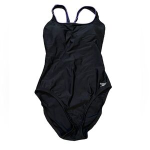 Women's size 10 Speedo black swimsuit one piece with shelf bra and purple trim